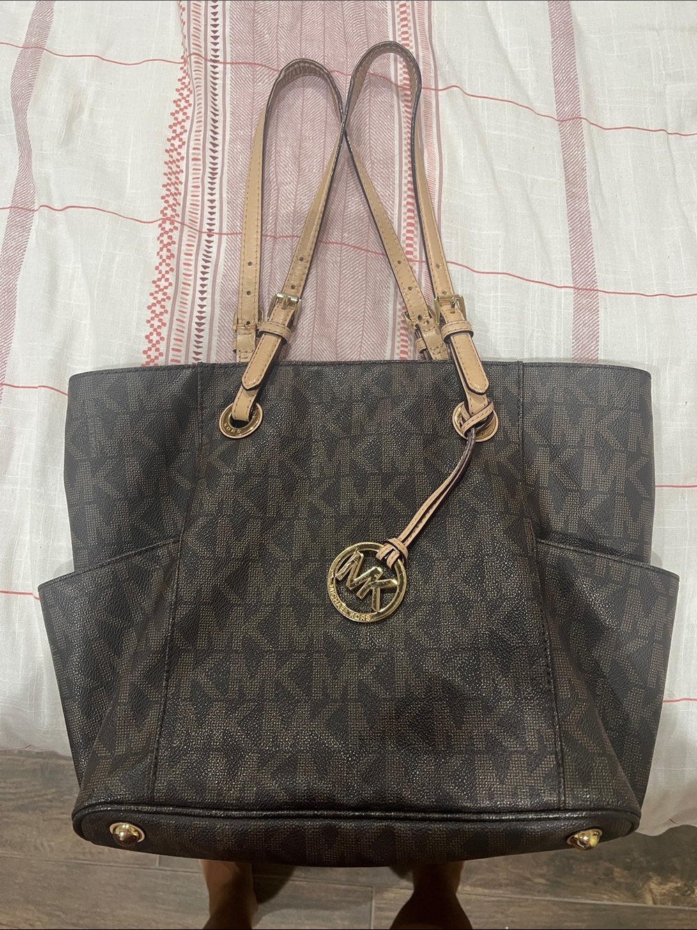 Michael Kors Dark Brown Logo Tote with Gold MK Charm
